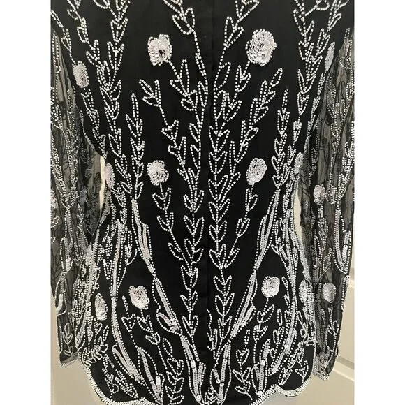 Vtg Stenay silk beaded blk white top evening long sleeves scalloped hem size M/L - Picture 5 of 8